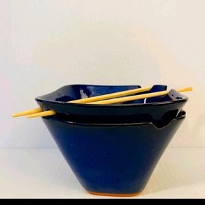 Ceramic bowl with chopstick holder cobalt blue